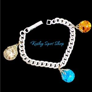 Antique SIGNED GERMANY✨🇩🇪 Crackle Glass Bead Charms in Silver Chain Bracelet✨